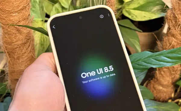 Telefon z One UI 8.5, informujący o aktualności oprogramowania, otoczony zielenią roślin.