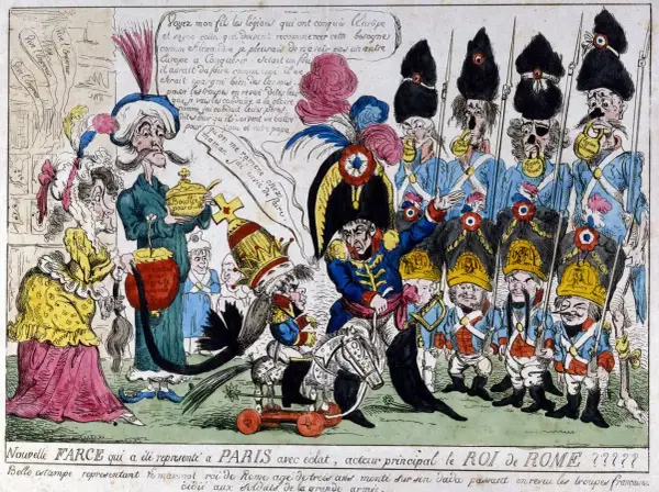 Le roi de Rome 1811, jeune prince sur un jouet, passe en revue des soldats caricaturaux. Une scène satirique de la cour impériale.