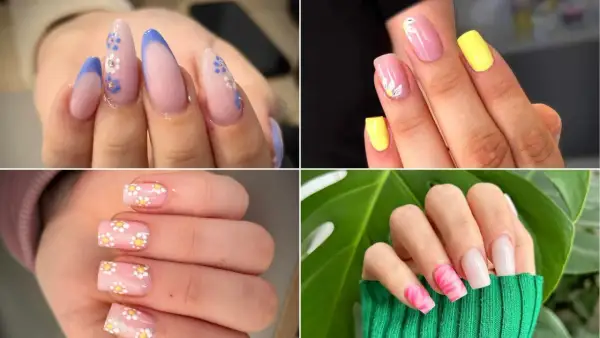 Kolekcja modnych paznokci na wiosnę: francuski manicure z kwiatami, żółte akcenty, stokrotki na różowym tle i neonowy wzór.