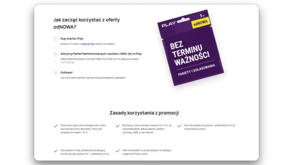 Karta Play z napisem "BEZ TERMINU WAŻNOŚCI" i informacją o pakietach. Oferta zapewnia bezterminowa ważność konta Play.