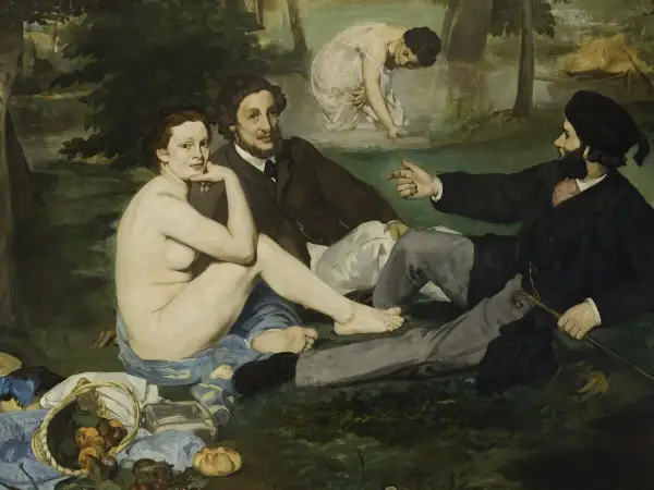 A nude woman and two clothed men on grass, a scene that caused a luncheon on the grass controversy. A second woman bathes in the background.