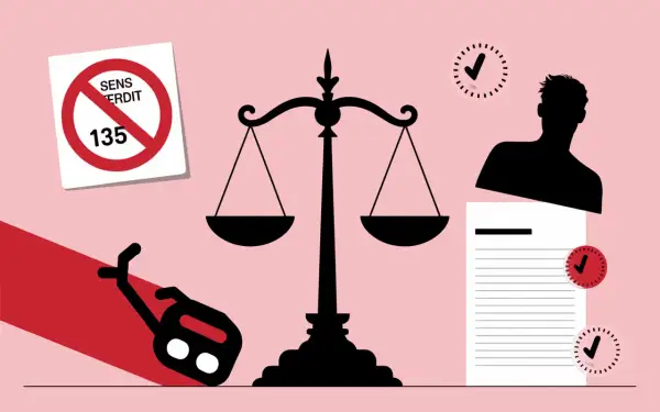 Panneau sens interdit 135, balance de la justice, silhouette d'homme, documents et horloges.
