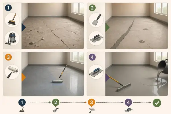 Étapes pour appliquer un ragréage liquide : nettoyage, réparation des fissures, application d'une sous-couche au rouleau, puis étalement du ragréage avec une raclette.