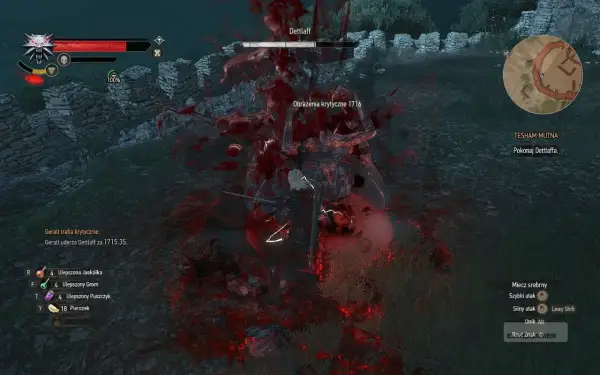 Geralt w ferworze walki z Dettlaffem zadaje potężne ciosy. Krew tryska, a potwór słabnie.