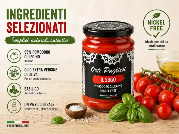 Vaso di sugo di pomodoro ciliegino, con ingredienti selezionati come olio EVO e basilico. Nickel free, ideale per intolleranti.