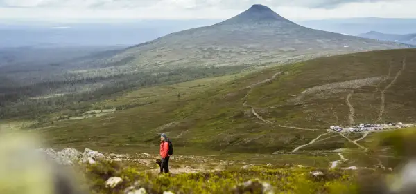 Vandrare med hund njuter av utsikten över berg i dalarna. En bilparkering syns i fjärran.