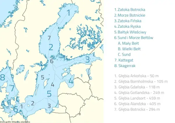 Mapa Bałtyku z zaznaczonymi głębokościami. Średnia głębokość Bałtyku jest zróżnicowana, od płytkich zatok po głębsze obszary.