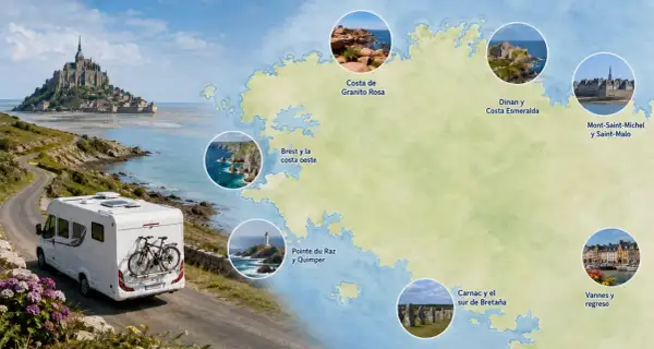 Autocaravana en una carretera costera, con Mont-Saint-Michel al fondo. Un mapa ilustra la ruta por la Bretaña francesa, destacando varios puntos de interés.