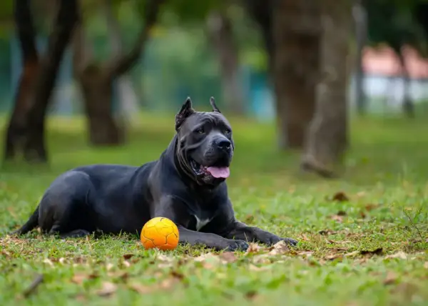 Potężny cane corso z człowiekiem w tle odpoczywa na trawie obok pomarańczowej piłki.