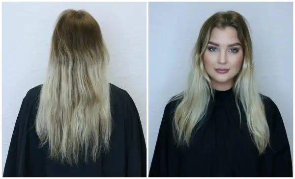 Före och efter-bild på en kvinna med långt blont hår. En förvandling med hairtalk by emelie.