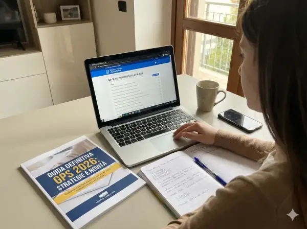 Ragazza che compila online le preferenze GPS 2026-2028, con guida e quaderno per un punteggio per accompagnamento.