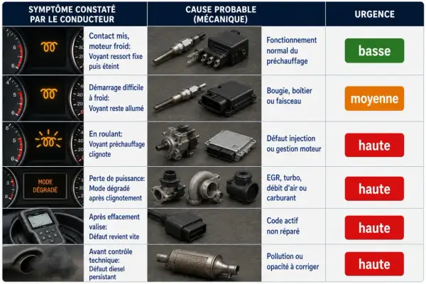 En roulant, le voyant préchauffage clignote. Cela peut indiquer un défaut d'injection ou de gestion moteur, nécessitant une intervention urgente.