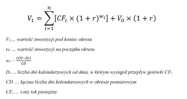 Wzór na wartość inwestycji V1, uwzględniający przepływy pieniężne CFi i stopę zwrotu r.