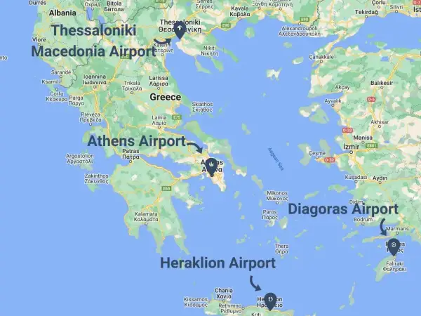 Główne lotniska w Grecji: Macedonia Airport, Athens Airport, Diagoras Airport, Heraklion Airport.