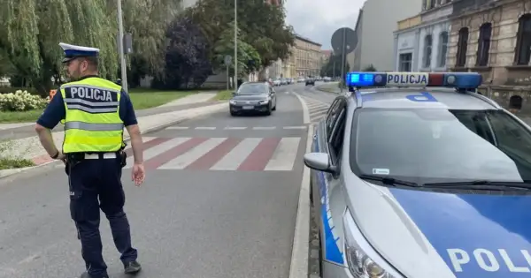 Policjant w kamizelce odblaskowej i radiowóz z włączonym sygnałem świetlnym stoją przy przejściu dla pieszych. Na radiowozie widoczny jest znak d6.