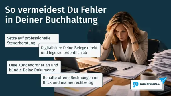 Frau mit Händen an den Schläfen, umgeben von Papierstapeln. Tipps zur Buchhaltung für eine GmbH, z.B. Steuerberatung und Belegdigitalisierung.