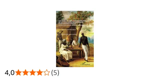 Illustration d'une scène historique avec des personnes d'origine africaine, et le titre d'un livre sur les noms de famille.