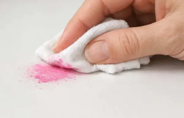 Mano che pulisce polvere rosa da superficie bianca con panno. Scopri come togliere lo smalto dal pavimento in gres.