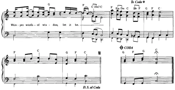 Fragment nutowy z tekstem "Whisper words of wisdom, let it be." oraz oznaczeniem "To Coda" i "CODA".