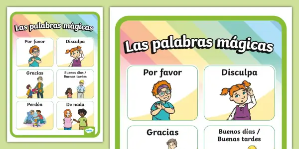 Póster educativo con ilustraciones de niños aprendiendo las palabras mágicas: "Por favor", "Disculpa", "Gracias", "Buenos días / Buenas tardes", "Perdón" y "De nada".