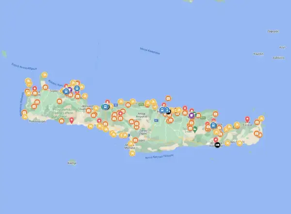 Mapa Krety z zaznaczonymi atrakcjami, idealna do stworzenia własnego planu zwiedzania. Ikony wskazują miejsca do odwiedzenia.