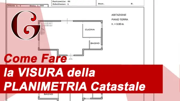 Planimetria catastale cos'è: schema di una casa con cucina e bagno, testo "Come Fare la VISURA della PLANIMETRIA Catastale".
