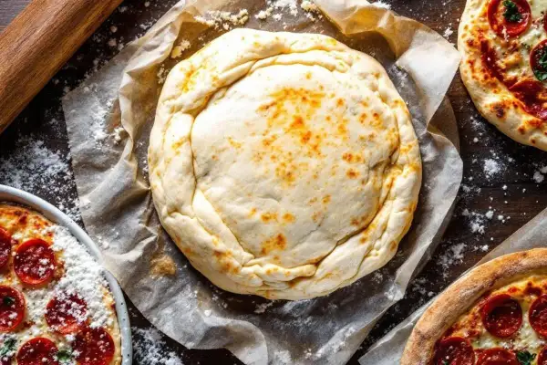 Une pâte filo dorée, prête à être garnie, repose sur du papier cuisson. Autour, des pizzas au pepperoni et un rouleau à pâtisserie.