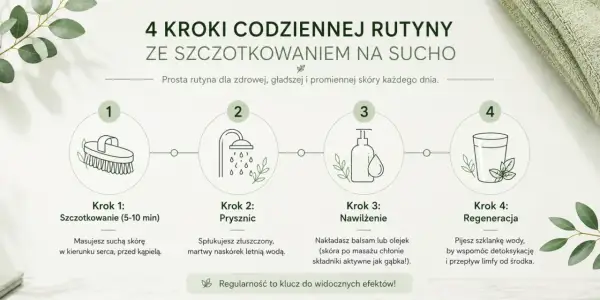 4 kroki do gładkiej skóry: szczotkowanie na sucho, prysznic, nawilżenie i regeneracja. Codzienna rutyna dla promiennej cery.