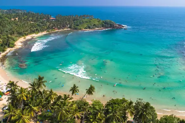 Rajska plaża na Sri Lance z palmami i turkusową wodą, gdzie surferzy cieszą się falami. Sri Lanka ciekawostki: idealne miejsce na relaks i sporty wodne.
