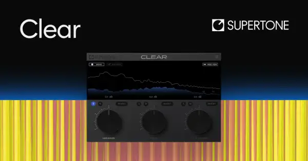 The Supertone Clear interface, a goyo voice separator, displays audio spectrum analysis and controls for ambience, voice, and voice reverb.