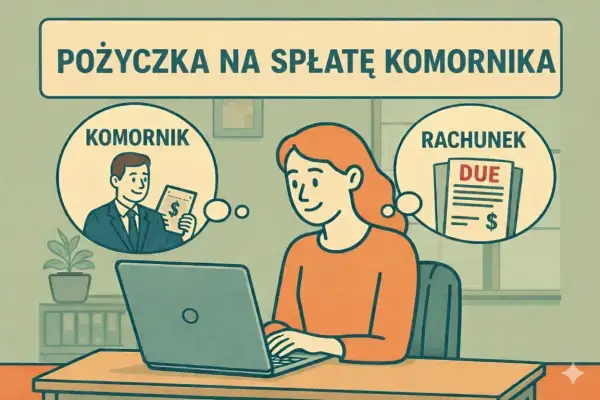 Kobieta szuka pożyczki z komornikiem od ręki, by spłacić rachunki. Myśli o komorniku i zaległych płatnościach.
