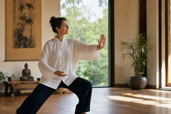 Donna pratica qi gong, un'antica arte cinese per il benessere. La sua postura fluida e il respiro calmo mostrano cos'è qi gong: armonia tra corpo e mente.