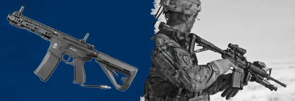 Rifle táctico con sistema HPA y soldado en uniforme de camuflaje.
