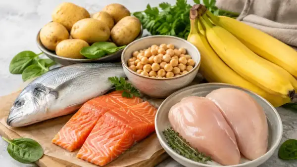 Bananen, Fisch, Hähnchenbrust, Kichererbsen, Kartoffeln und Spinat – alles leckere Vitamin B6 Lebensmittel für eine ausgewogene Ernährung.