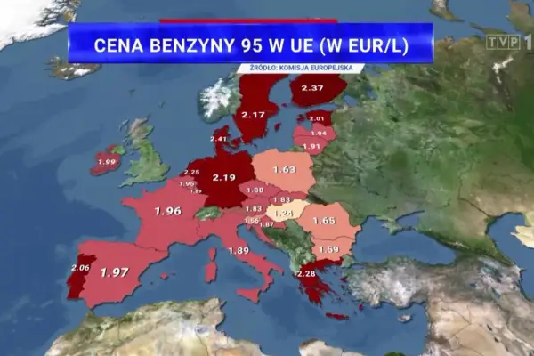 Mapa Europy pokazuje ceny paliwa w euro za litr. Najwyższe ceny benzyny 95 w UE odnotowano w krajach skandynawskich i niektórych zachodnich.