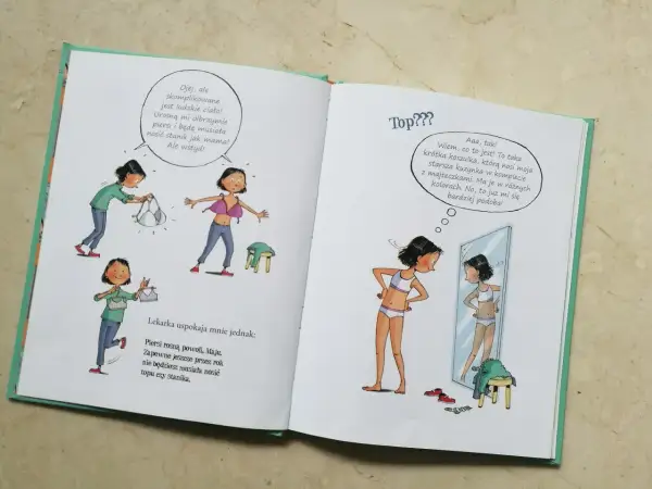 Ilustracje z książki o dojrzewaniu, pokazujące dziewczynki przymierzające biustonosze i bieliznę.