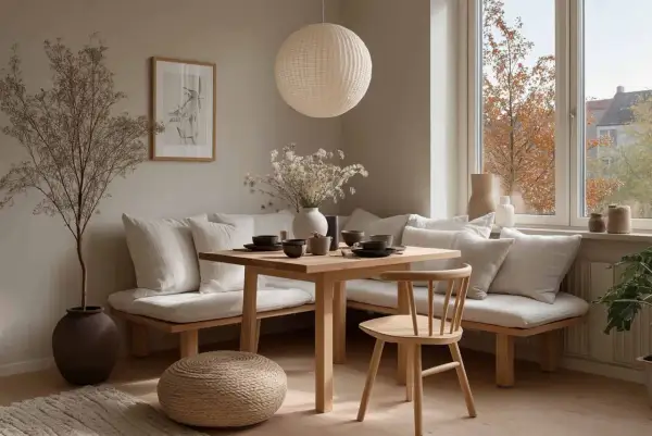 Gemütliche Essplatz Ideen für wenig Platz: Eckbank mit Holztisch, Kissen und Beistellhocker schaffen eine einladende Atmosphäre.