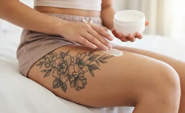 Eine Frau pflegt ihr **oberschenkel tattoo klein** mit einer Creme. Das filigrane Blumenmotiv ziert ihren Oberschenkel.