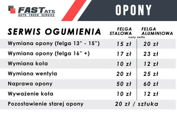 Cennik serwisu opon: ile kosztuje wymiana opon na felgach stalowych i aluminiowych, wyważenie, naprawa.