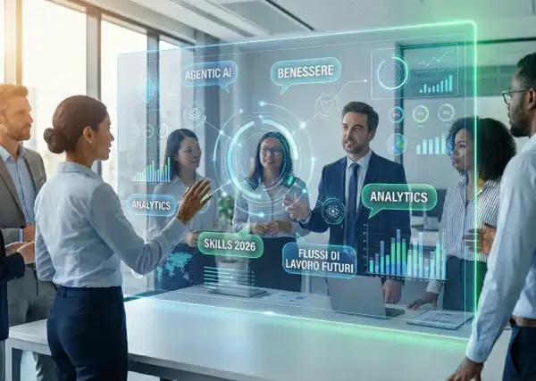 Team discute strategie di risorse umane su schermo olografico con dati su AI, benessere e flussi di lavoro futuri.