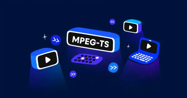 MPEG-TS is the format for live stream broadcasting. Devices like laptops and screens display play buttons, suggesting content delivery.