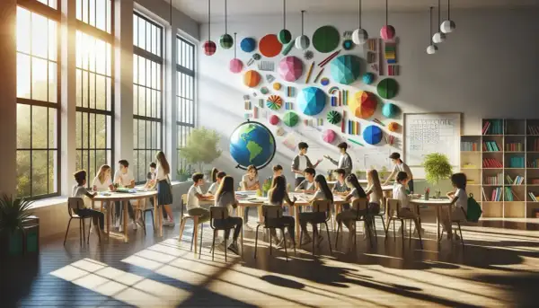Aula luminosa con niños trabajando en proyectos educativos. Decoración colorida en la pared, un globo terráqueo y estanterías llenas de libros.