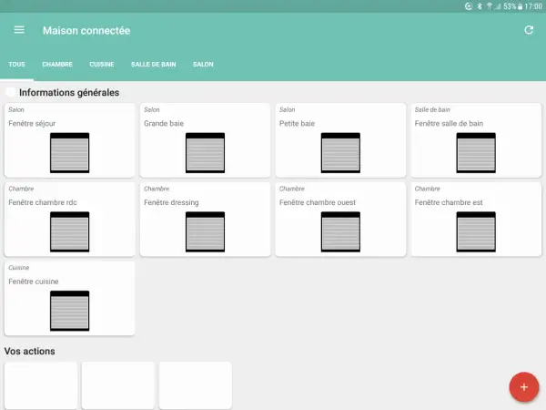 Interface Maison connectée avec des volets roulants Somfy pilotés par Freebox Delta.