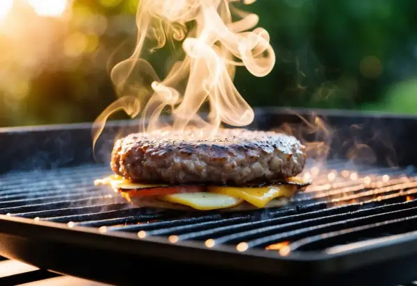 En saftig hamburgare med smält ost och tomat grillas, perfekt hamburgare temperatur med rök som stiger.