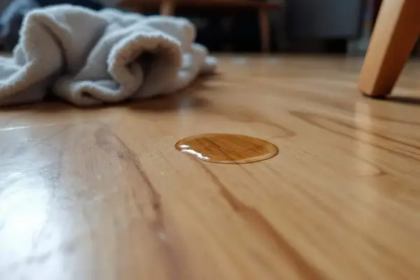 Une petite tache d'eau sur un parquet en bois. Un tissu blanc est posé à proximité, prêt à éponger.