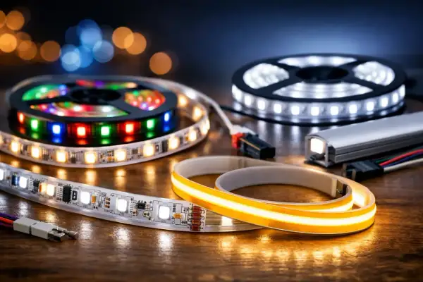 Różne rodzaje taśm LED: kolorowe RGB, białe, żółte i w profilu aluminiowym.