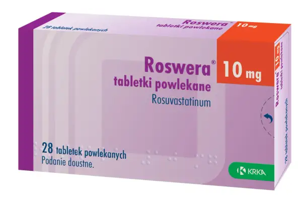 Opakowanie leku Roswera 10 mg, zawierające 28 tabletek powlekanych z rosuwastatyną.