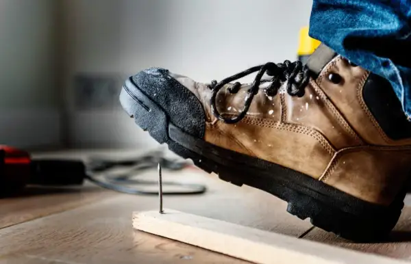 Buty robocze z podwyższonym noskiem chronią stopę przed gwoździem wbitym w deskę.