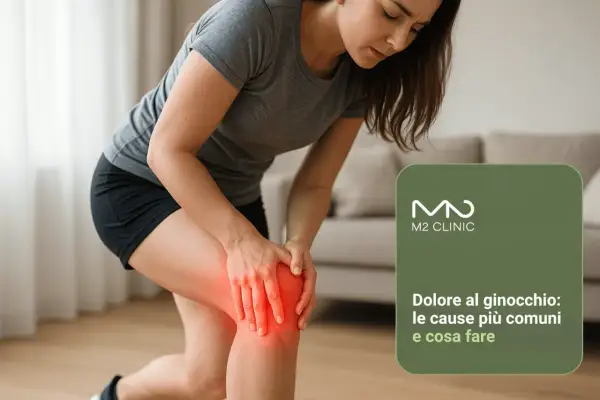Donna con ginocchio arrossato e dolente, che indica perché fanno male le ginocchia e cosa fare.