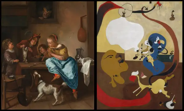 Dwa obrazy: po lewej dzieci bawiące się z psem i kotem, po prawej abstrakcyjne kompozycje w stylu joan miro obrazy.